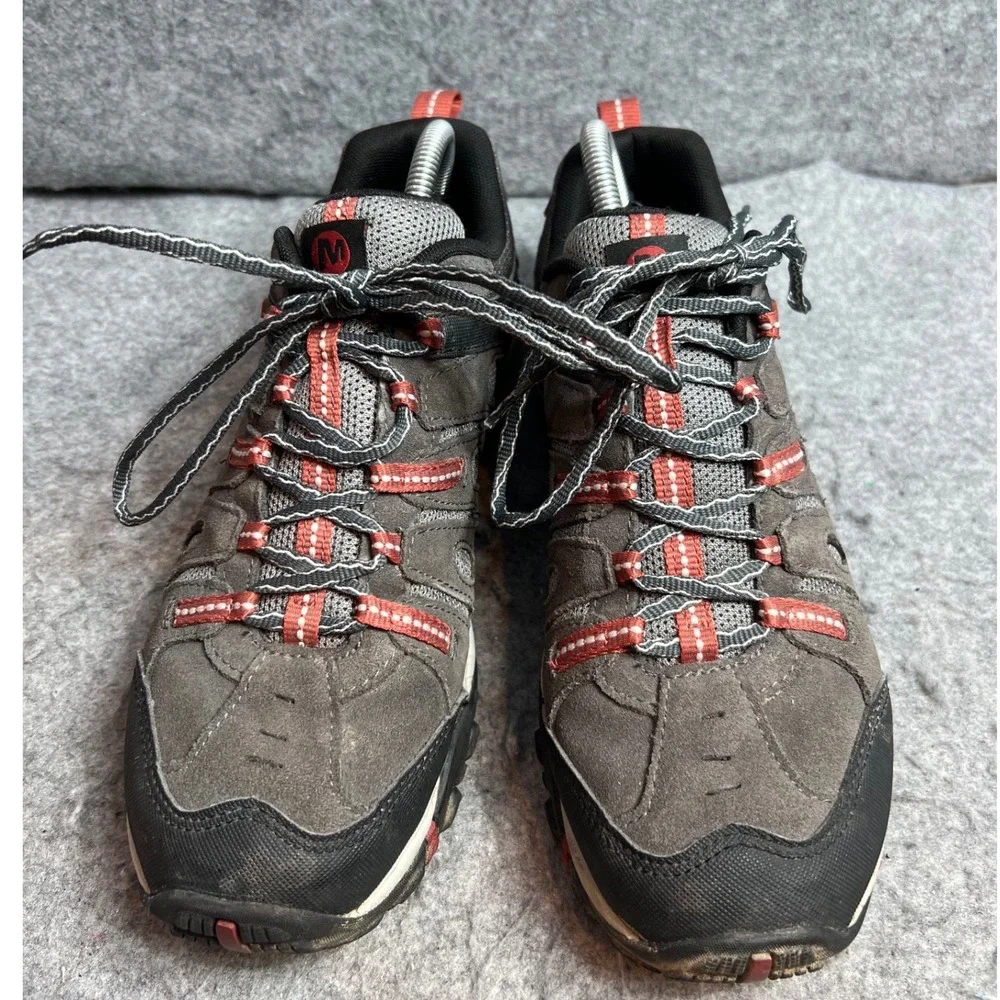 Merrell Mens Hiking Shoes Grey Orange Suede Mesh Low Top Trail Sneakers Size 9.5